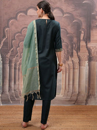 Thumbnail for Vishudh Green Embroidered Straight Kurta with Trouser & Dupatta