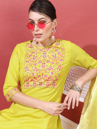 Thumbnail for Vishudh Women Lime Green Floral Yoke Design Thread Work Kurta with Trousers & With Dupatta