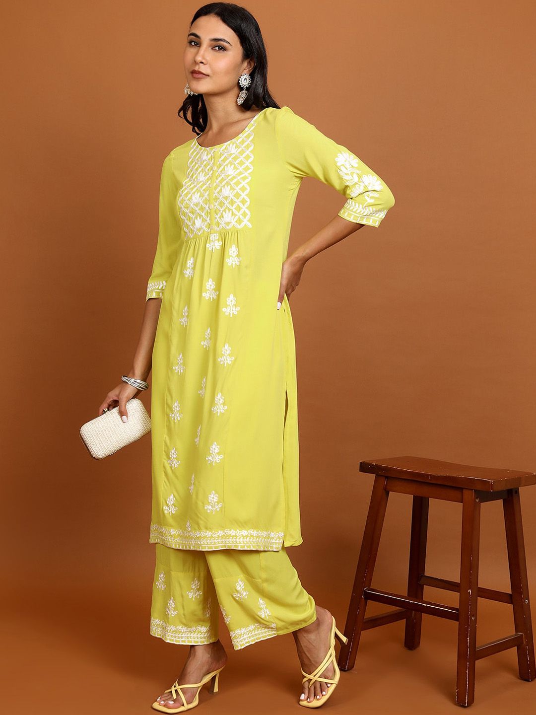 Vishudh Yellow Floral Embroidered Straight Kurta with Palazzos - Distacart