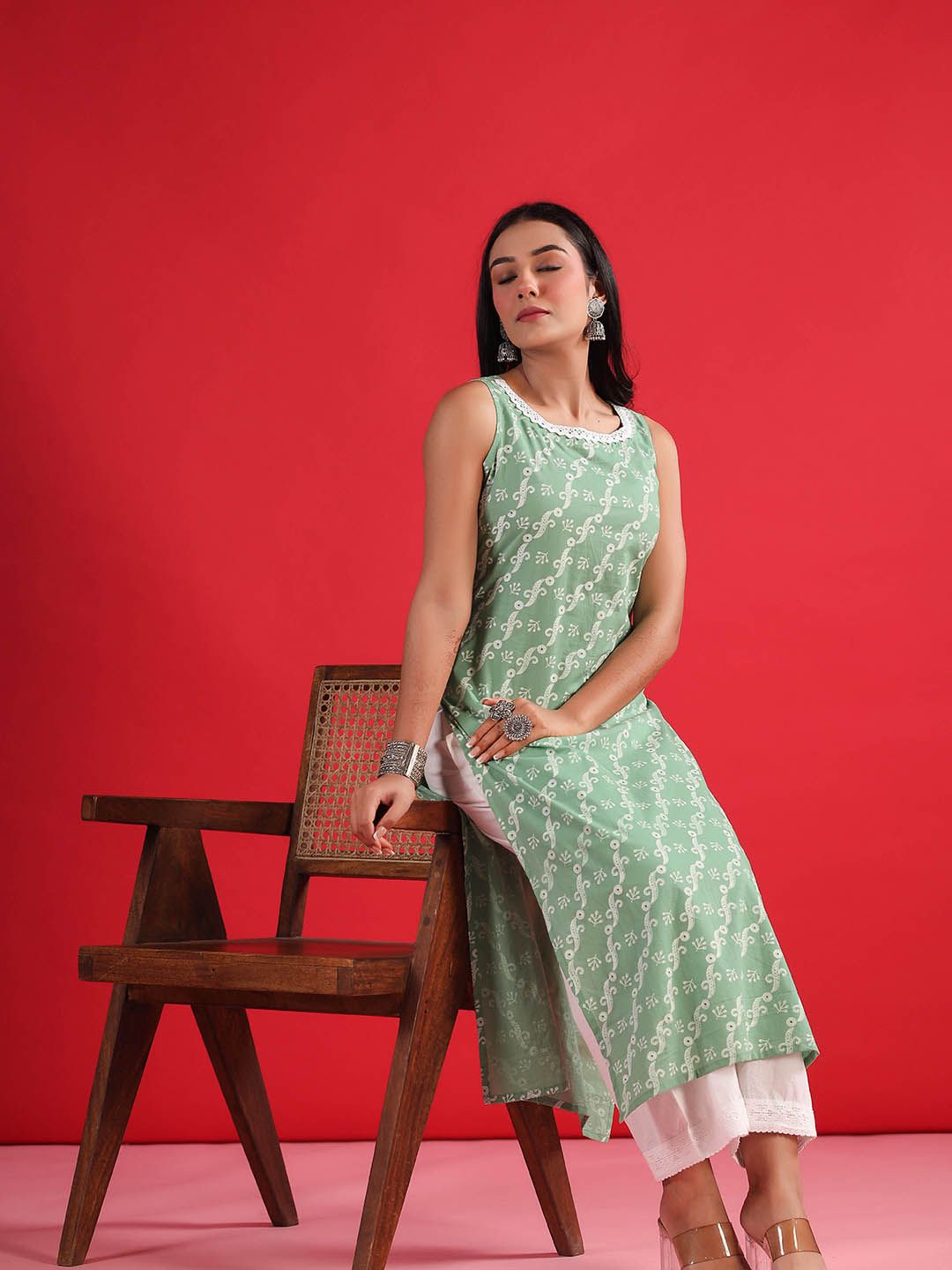 Indo Era Geometric Printed Round Neck Sleeveless Gotta Patti Cotton Straight Kurta