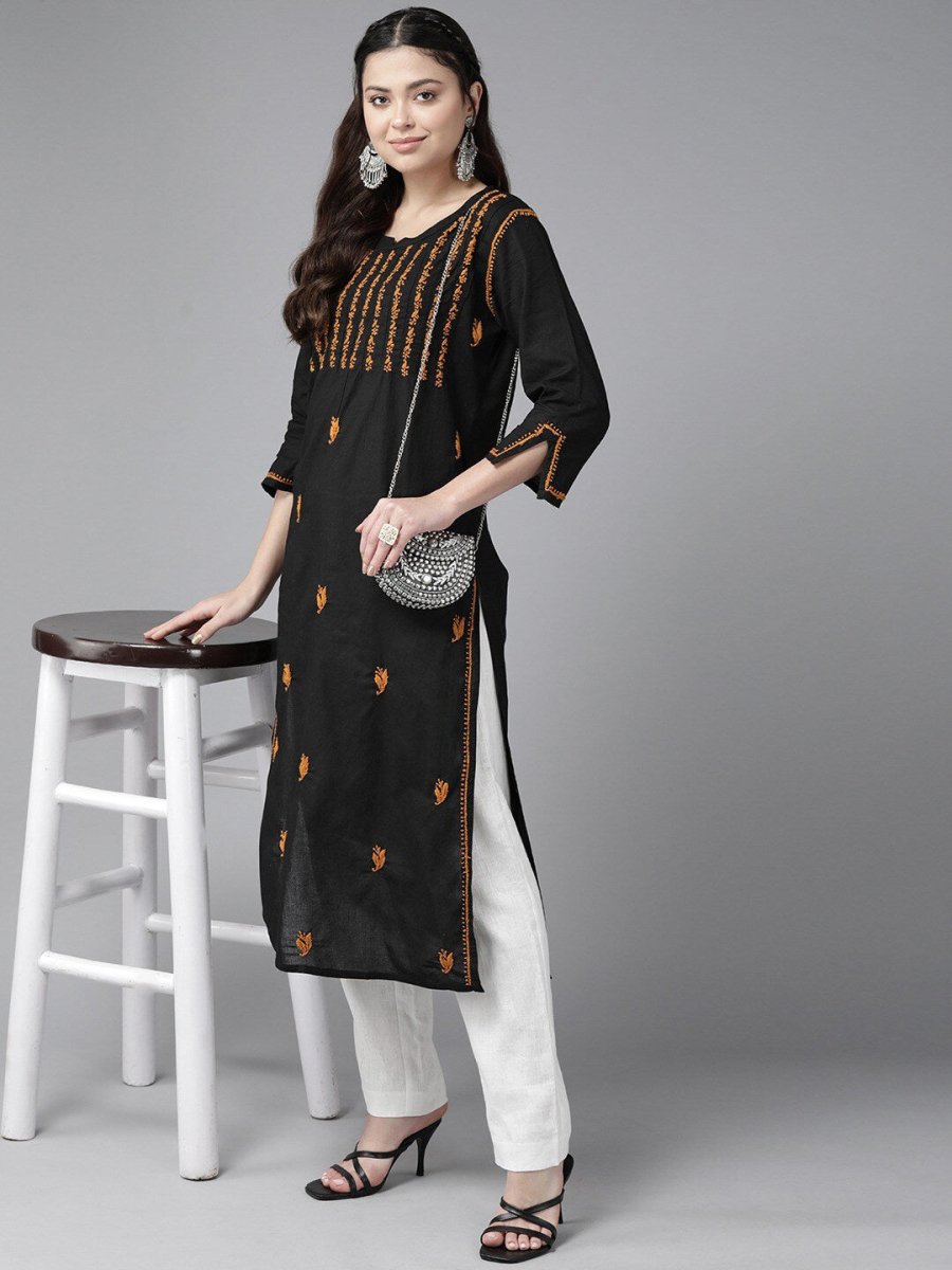 ADA Ethnic Motifs Embroidered Chikankari Cotton Straight Kurta - Distacart