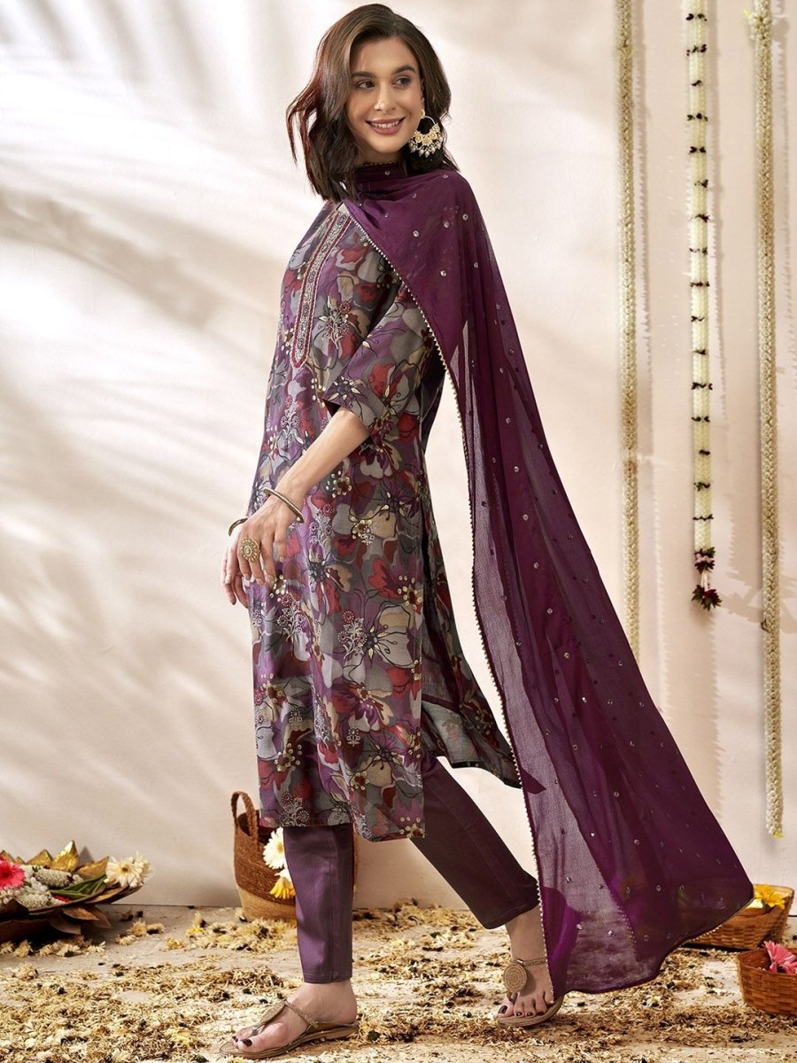 Anouk Floral Embroidered Zari Chanderi Silk Straight Kurta With Trousers & Dupatta - Distacart