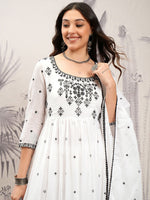 Thumbnail for Vishudh White & Black Embroidered Pure Cotton Anarkali Kurta with Trousers & Dupatta - Distacart