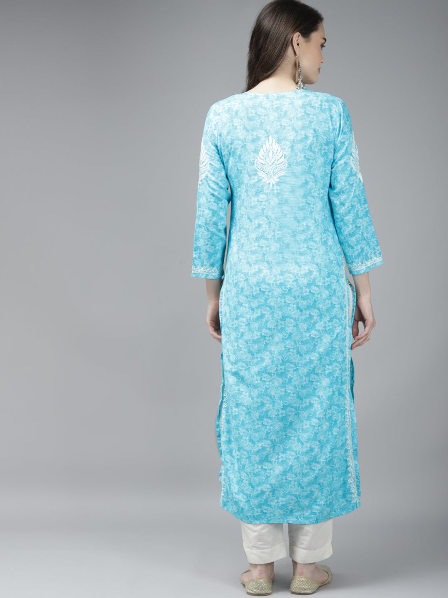 ADA Women Blue & White Floral Chikankari Cotton Handloom Kurta - Distacart