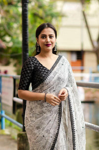 Thumbnail for Black Pure Georgette Warli Saree with Unstitched Blouse - A2M