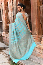 Thumbnail for Joban Fashion Teal Green Crepe Chiffon Pure Handloom Banarasi Silk Saree