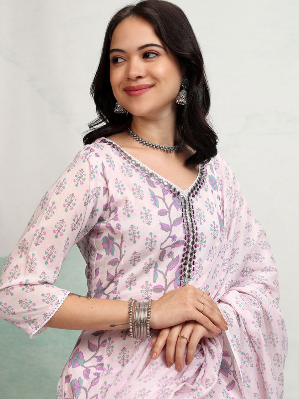 Vishudh Floral Printed Mirror Work Pure Cotton Anarkali Kurta With Trousers & Dupatta - Distacart