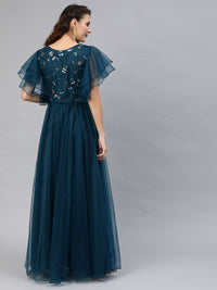 Thumbnail for Inddus Teal Blue Embellished Maxi Dress With Flutter Sleeves
