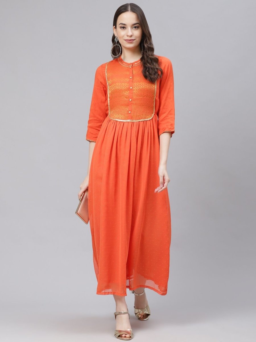 AURELIA Orange & Golden Yoke Design Maxi Dress - Distacart