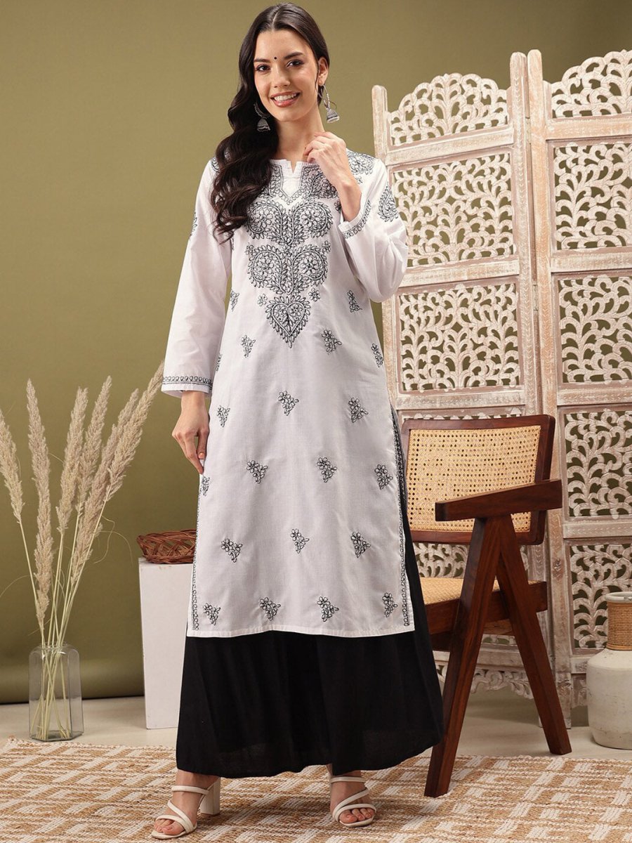ADA Ethnic Motifs Embroidered Notch Neck Cotton Chikankari Straight Kurta - Distacart