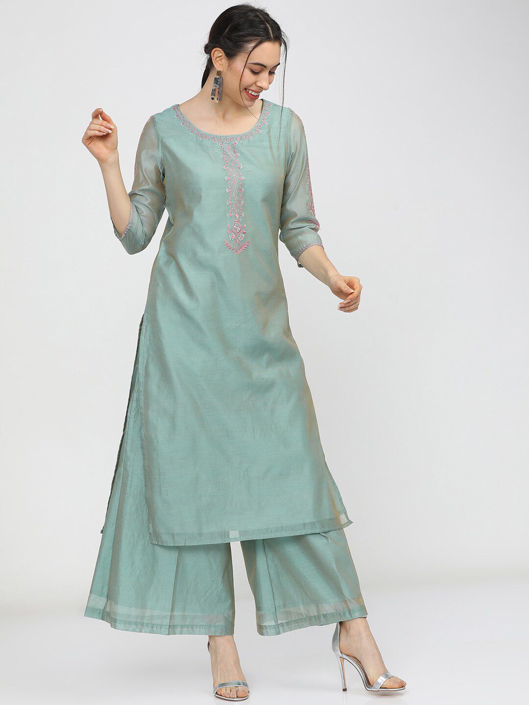 Vishudh Women Blue & Pink Regular Kurta with Trousers & Dupatta - Distacart