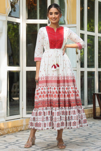 Thumbnail for Juniper Maroon Ethnic Motif Printed Pure Cotton Tiered Maxi Dress With Sequins & Thread Work Embroidery