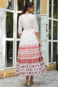 Thumbnail for Juniper Maroon Ethnic Motif Printed Pure Cotton Tiered Maxi Dress With Sequins & Thread Work Embroidery
