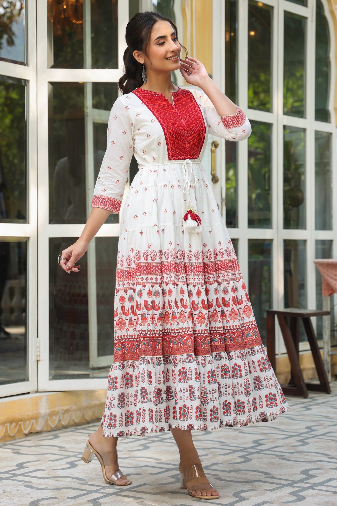 Juniper Maroon Ethnic Motif Printed Pure Cotton Tiered Maxi Dress With Sequins & Thread Work Embroidery