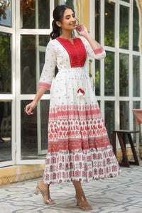 Thumbnail for Juniper Maroon Ethnic Motif Printed Pure Cotton Tiered Maxi Dress With Sequins & Thread Work Embroidery