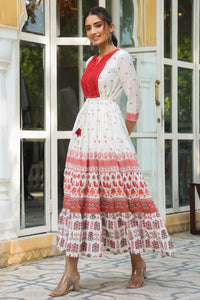 Thumbnail for Juniper Maroon Ethnic Motif Printed Pure Cotton Tiered Maxi Dress With Sequins & Thread Work Embroidery