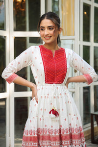 Thumbnail for Juniper Maroon Ethnic Motif Printed Pure Cotton Tiered Maxi Dress With Sequins & Thread Work Embroidery