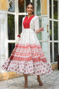 Thumbnail for Juniper Maroon Ethnic Motif Printed Pure Cotton Tiered Maxi Dress With Sequins & Thread Work Embroidery