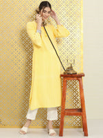 Thumbnail for Ode by House of Pataudi Women Yellow & White Striped Bell Sleeves Rozana Kurta - Distacart