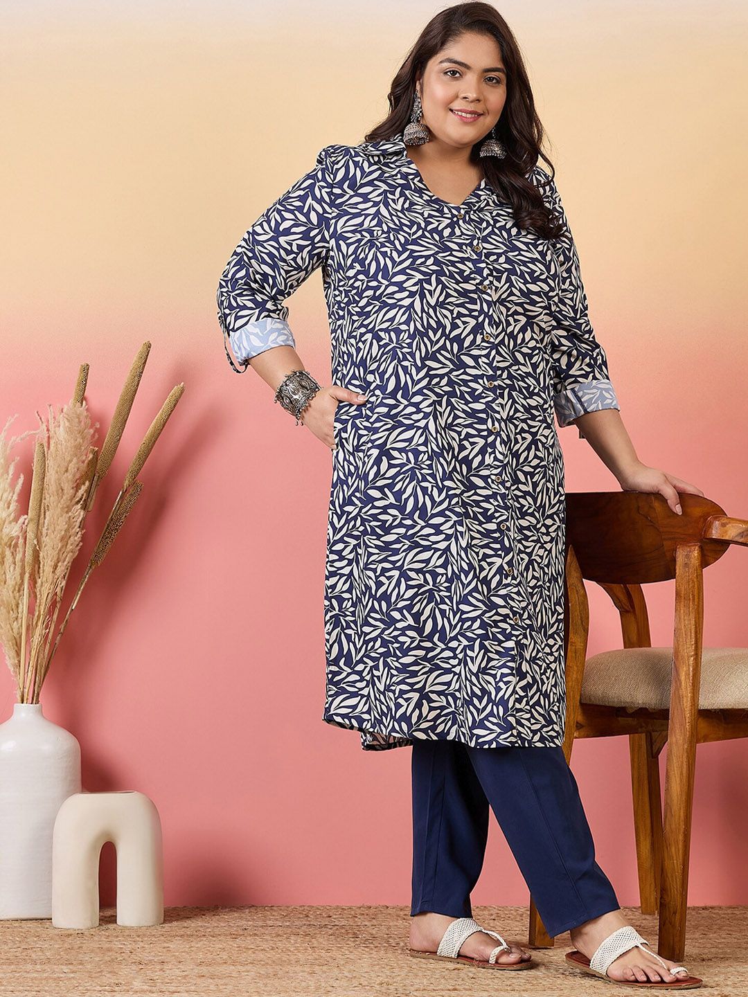 Sztori Plus Size Floral Printed Shirt Collar Roll-Up Sleeves Crepe Pathani Kurta - Distacart