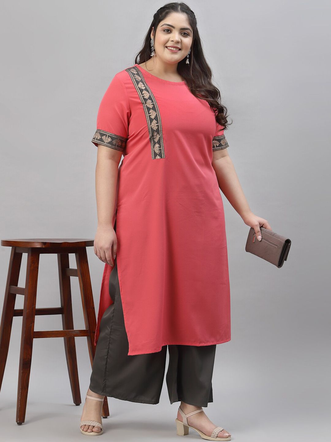Sztori Plus Size Floral Yoke Design Straight Kurta With Palazzos - Distacart