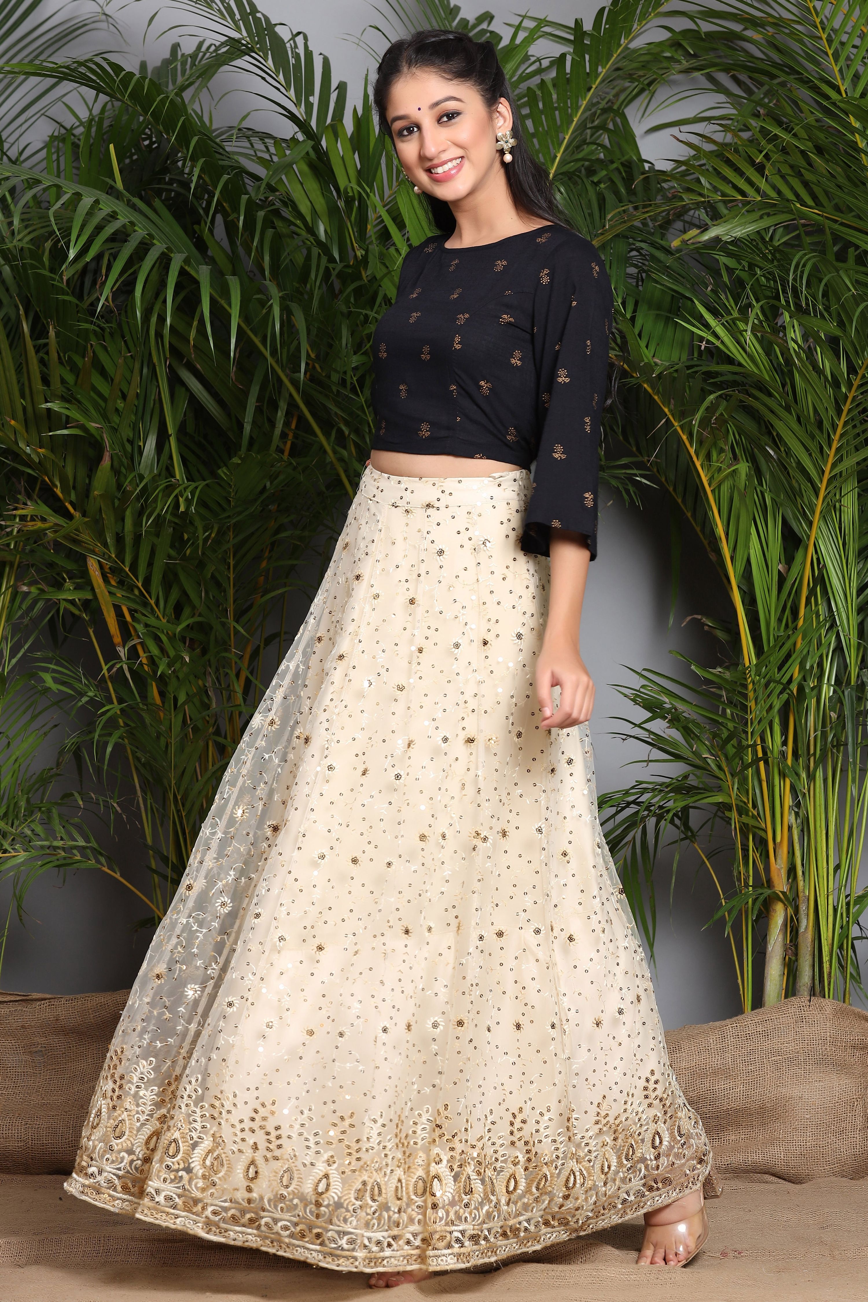 Juniper Ivory Floral Printed Rayon Slub Lehenga Choli Set With Sequins Embellishments - Distacart
