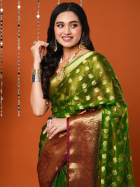 Thumbnail for Anouk Green Paisley Woven Design Zari Organza Banarasi Saree - Distacart