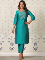 Thumbnail for Ode by House of Pataudi Floral Yoke Design Thread Work Straight Kurta - Distacart