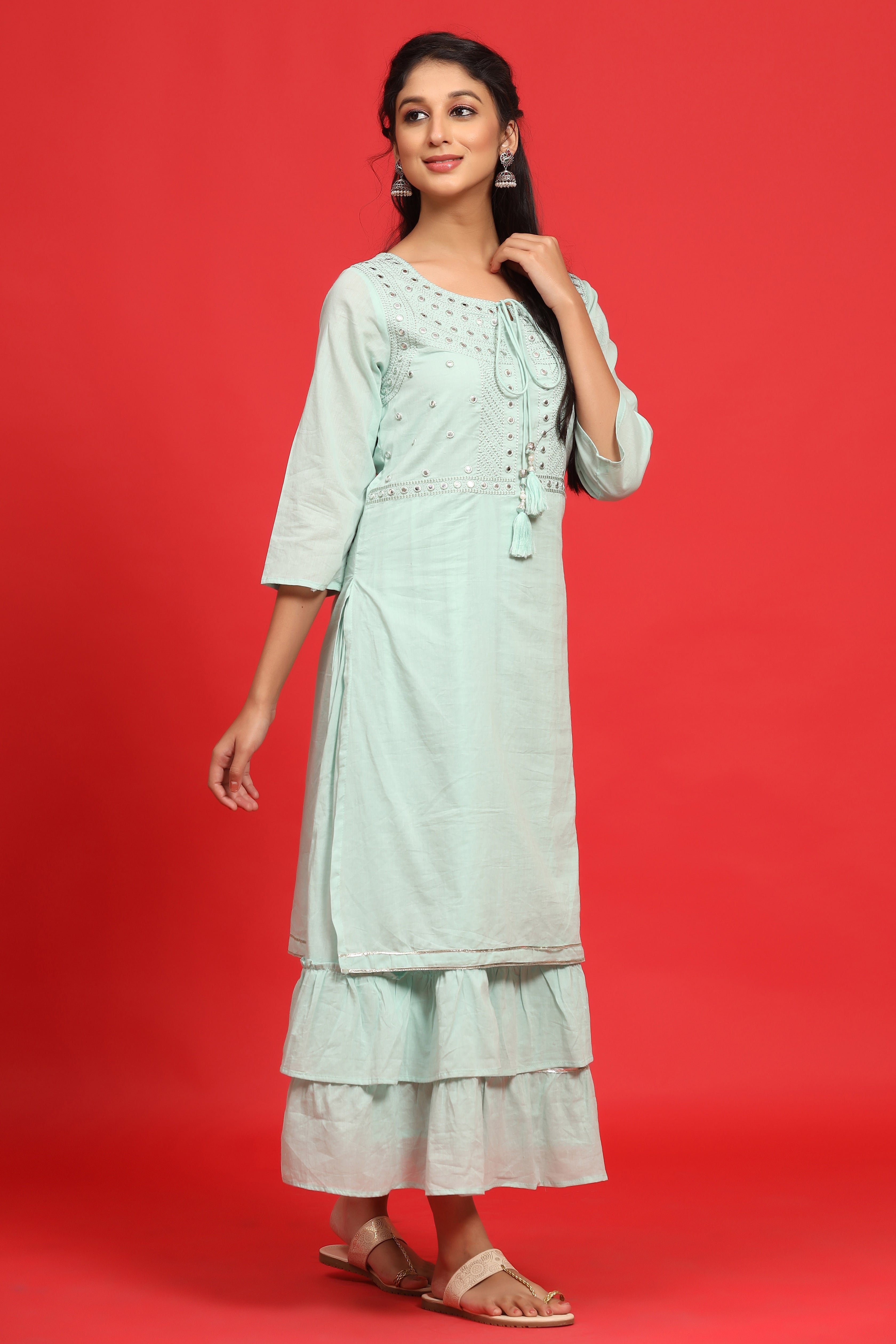 Juniper Sage Green Cotton Embroidered Layered Maxi Dress With Dori Tassels - Distacart