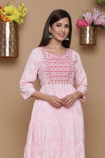 Thumbnail for Juniper Baby Pink Ethnic Motif Printed Rayon Tiered Maxi Dress With Mirror Work Embroidery - Distacart
