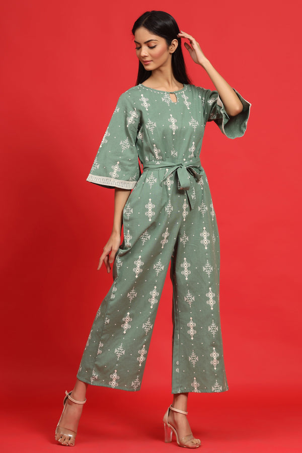 Juniper Sage Green Geometric Printed Cotton Flex Jumpsuit With Zip Closure - Distacart