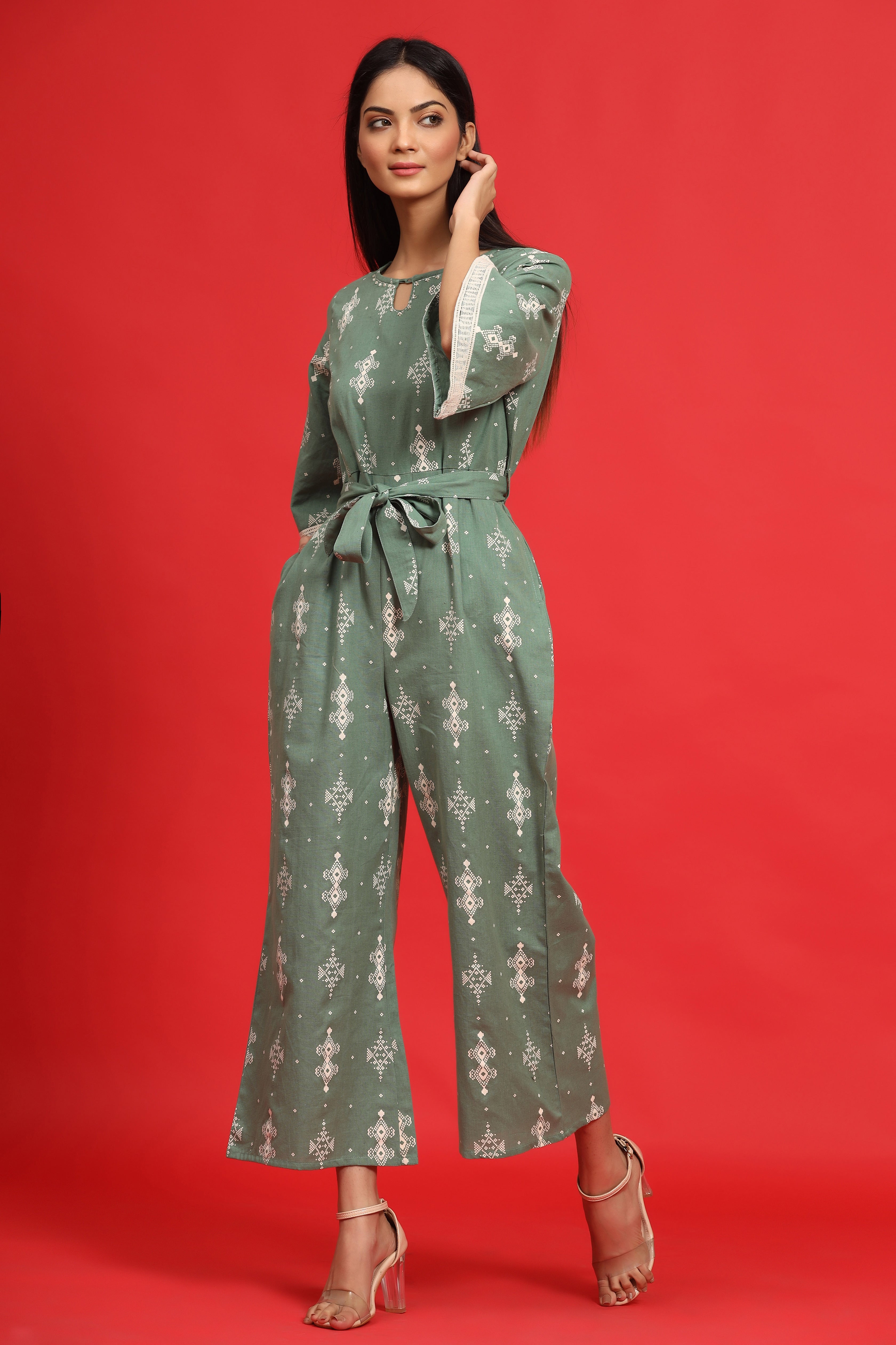 Juniper Sage Green Geometric Printed Cotton Flex Jumpsuit With Zip Closure - Distacart