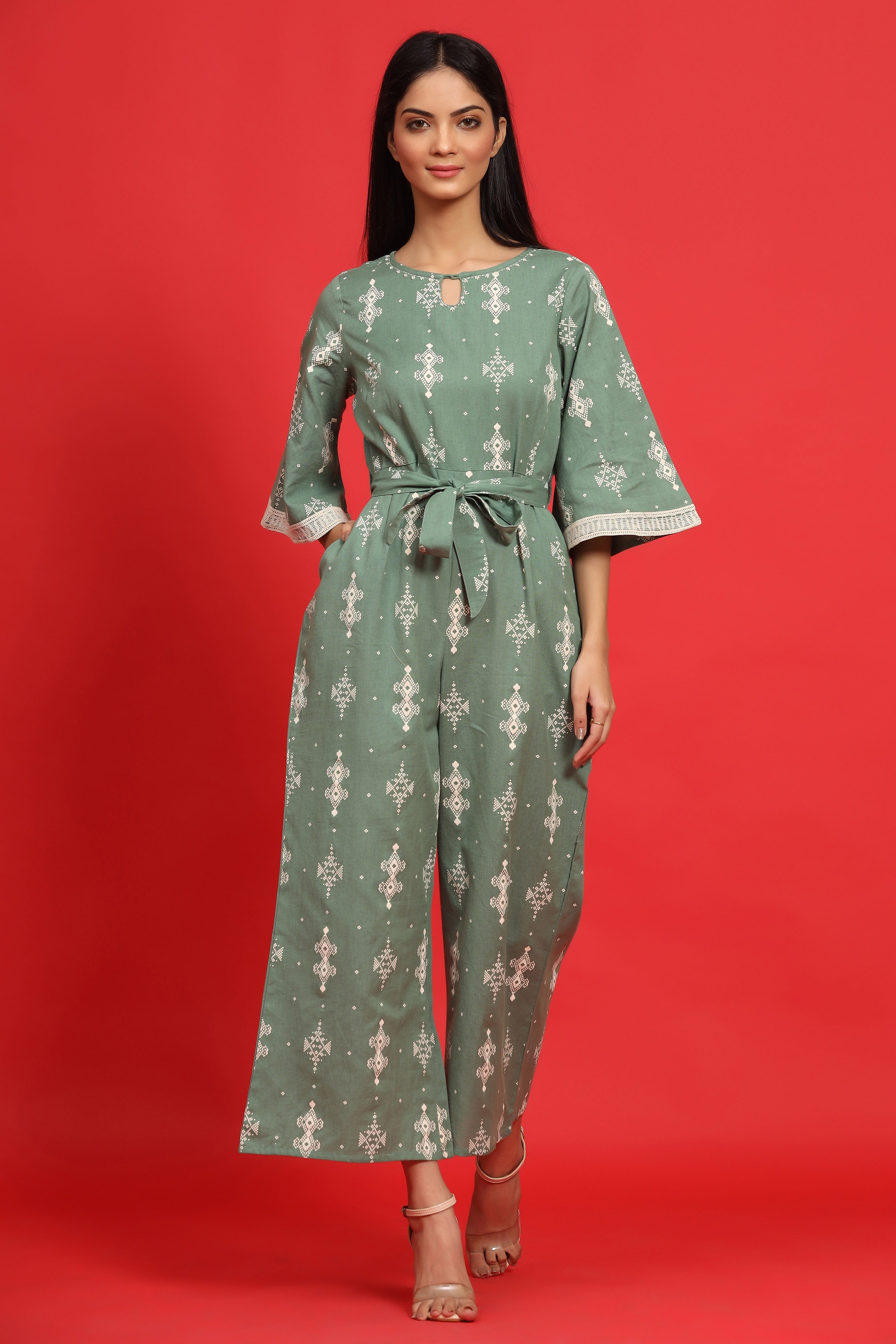 Juniper Sage Green Geometric Printed Cotton Flex Jumpsuit With Zip Closure - Distacart