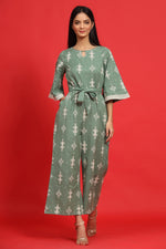 Thumbnail for Juniper Sage Green Geometric Printed Cotton Flex Jumpsuit With Zip Closure - Distacart