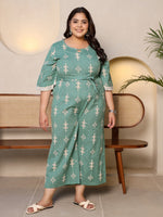 Thumbnail for Juniper Sage Green Geometric Printed Cotton Flex Jumpsuit With Zip Closure - Distacart