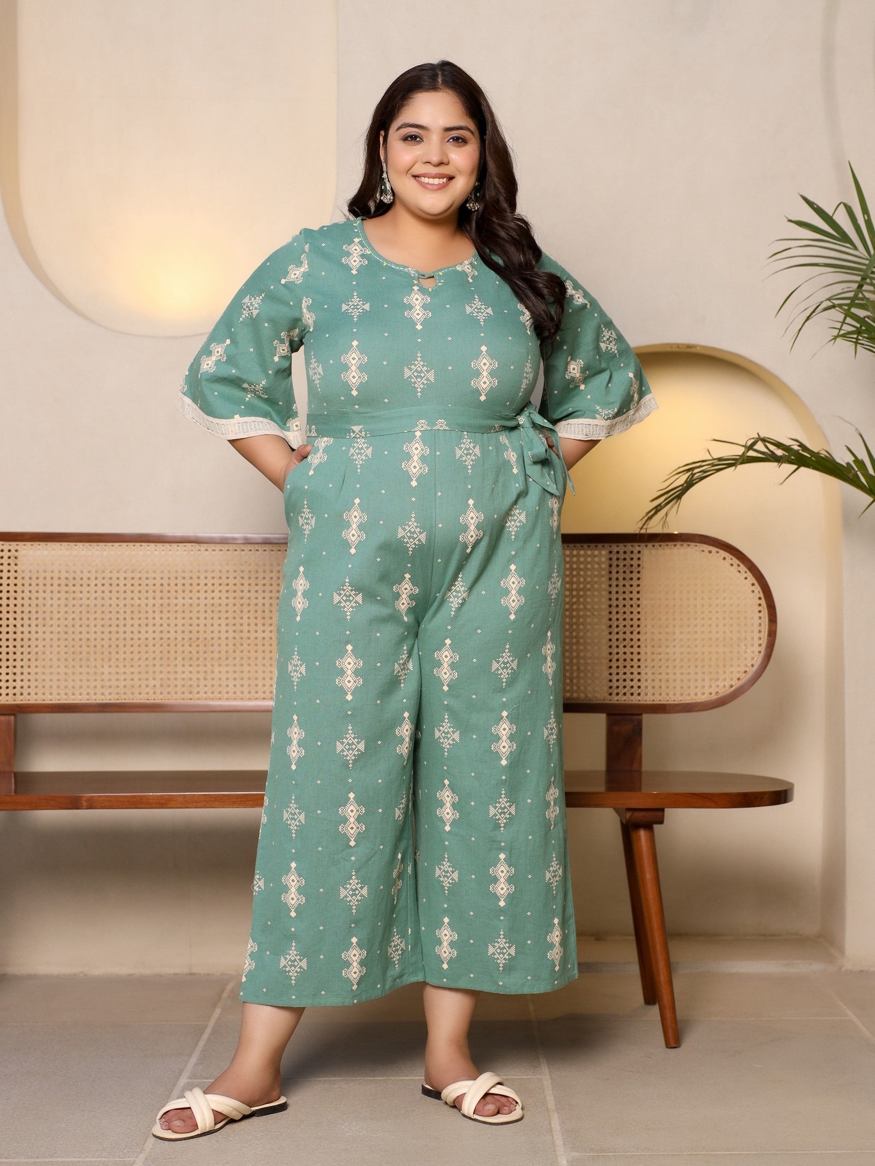 Juniper Sage Green Geometric Printed Cotton Flex Jumpsuit With Zip Closure - Distacart