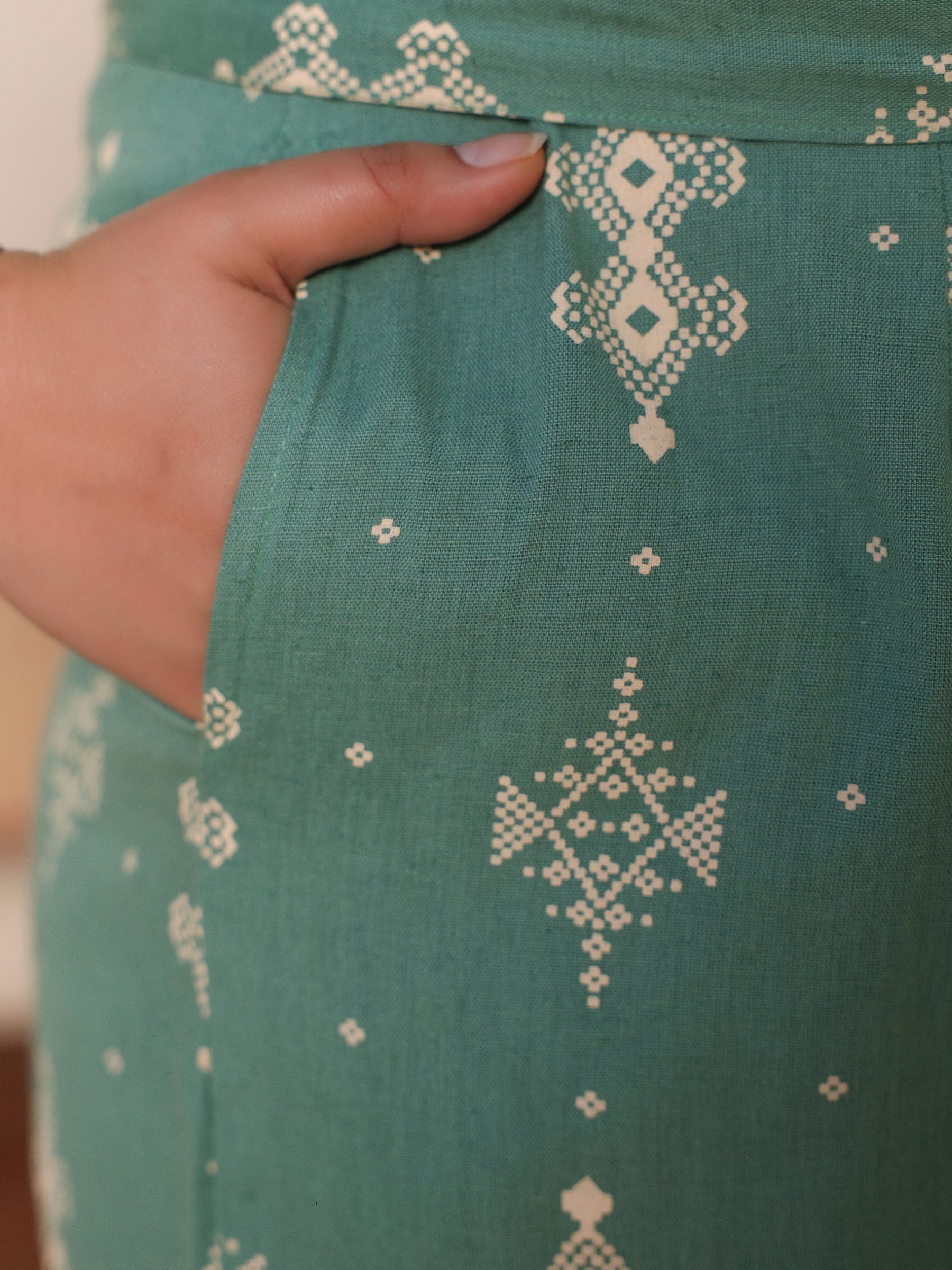 Juniper Sage Green Geometric Printed Cotton Flex Jumpsuit With Zip Closure - Distacart