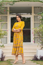 Thumbnail for Juniper Women's Mustard Floral Printed Georgette Dress With Sequins - Distacart