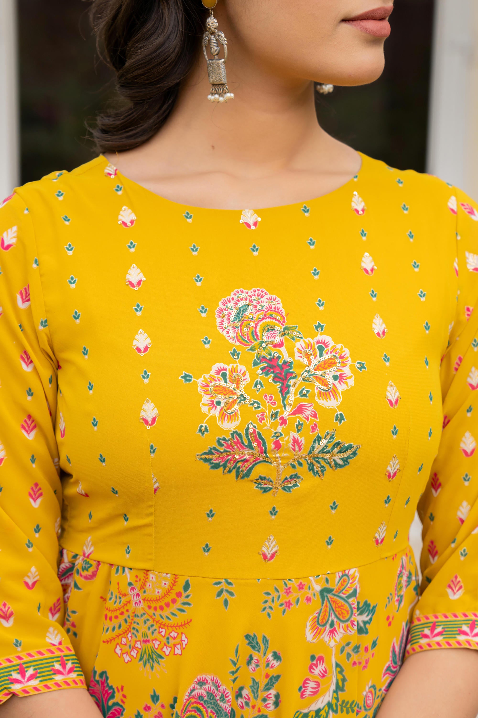 Juniper Women's Mustard Floral Printed Georgette Dress With Sequins - Distacart