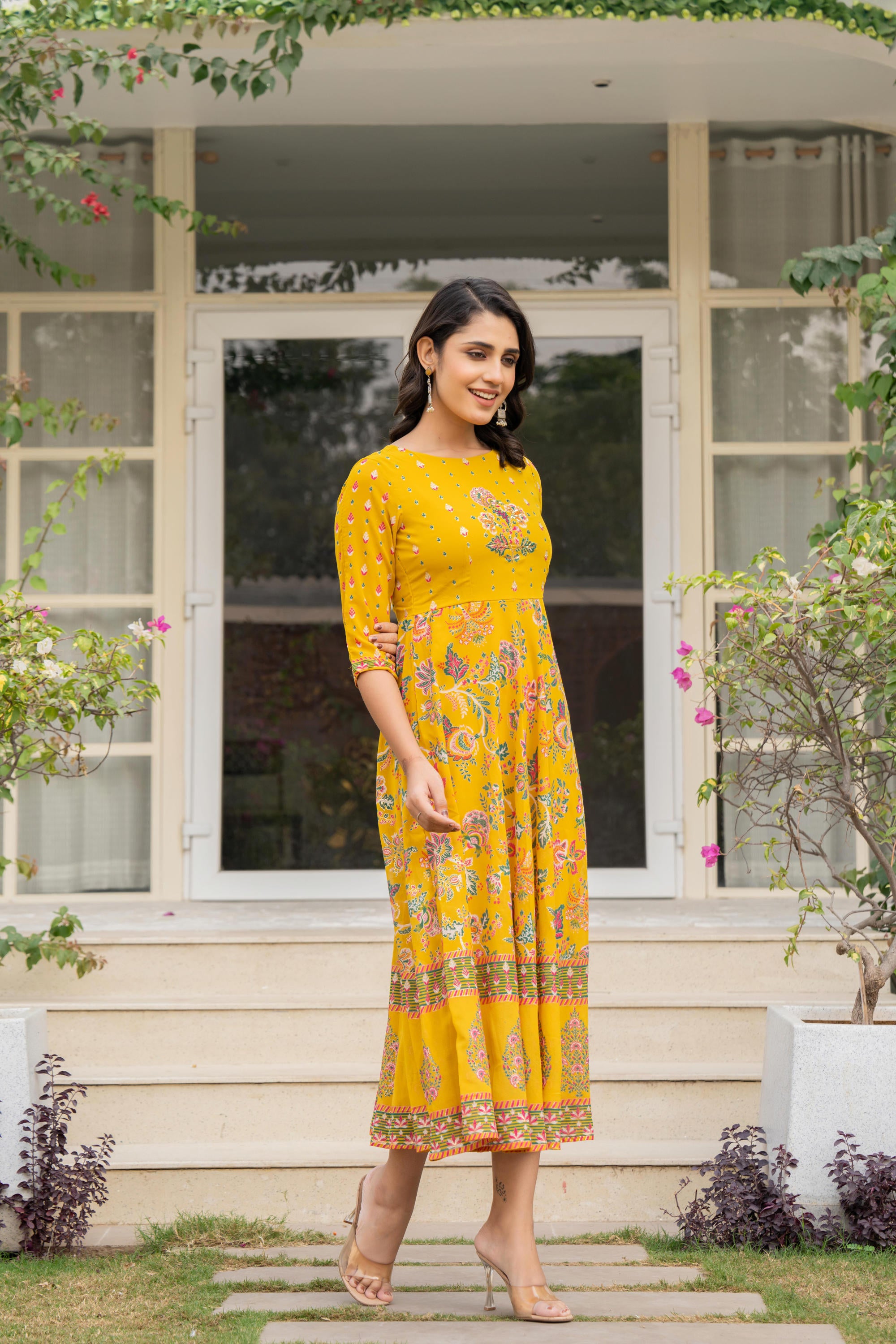 Juniper Women's Mustard Floral Printed Georgette Dress With Sequins - Distacart