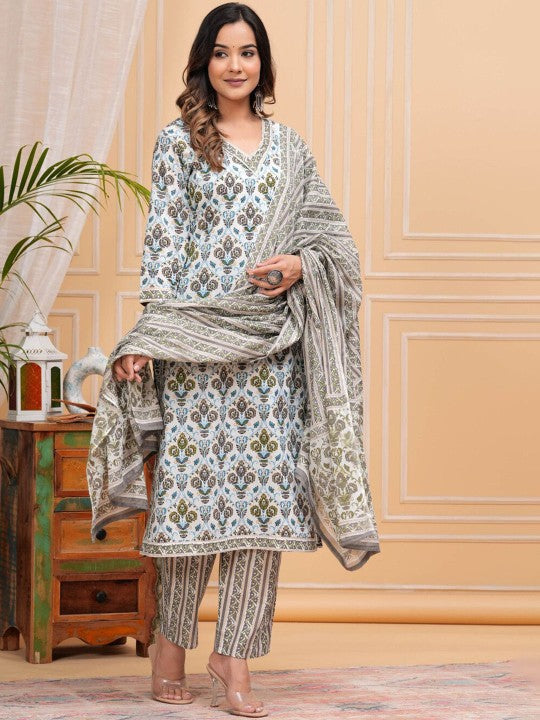 Floral Printed Regular Pure Cotton Straight Kurta with Palazzos & With Dupatta (Grey) - Rasiya