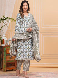 Thumbnail for Floral Printed Regular Pure Cotton Straight Kurta with Palazzos & With Dupatta (Grey) - Rasiya