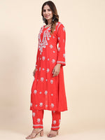 Thumbnail for HOUSE OF KARI Floral Embroidered Chikankari Pure Cotton Straight Kurta With Trousers - Distacart