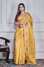 Thumbnail for Morchari Yellow Kota Check Zari Embroidery Saree Unstitched Blouse
