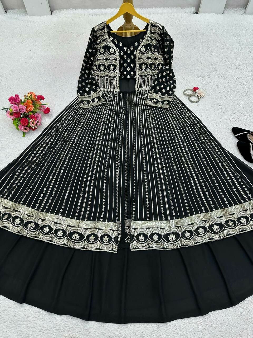Jyoti Fashion Women's Black Faux Georgette Sequins with Thread Embroidered Designer Lehenga Choli with Shrug Set