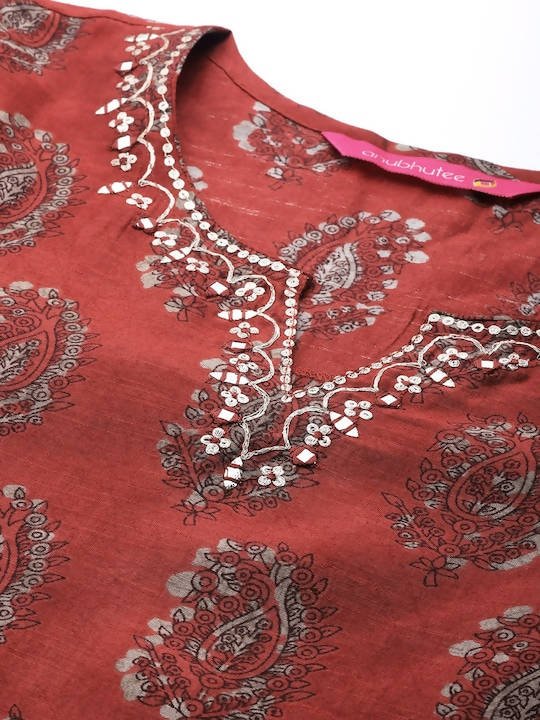Anubhutee Maroon Ethnic Motifs Printed Thread Work Pure Cotton Kurta with Trousers & With Dupatta - Distacart