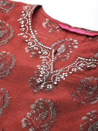 Thumbnail for Anubhutee Maroon Ethnic Motifs Printed Thread Work Pure Cotton Kurta with Trousers & With Dupatta - Distacart