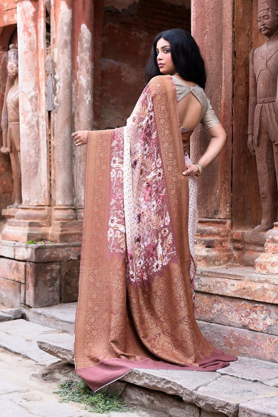 Joban Fashion Ivory And Dusty Rose Crepe Chiffon Pure Handloom Banarasi Silk Saree