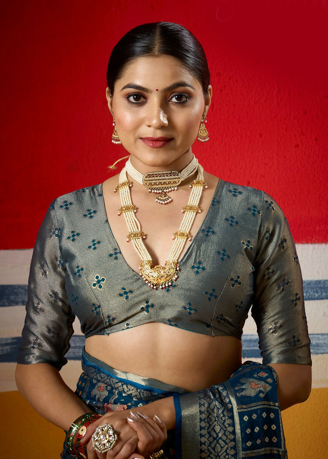 Joban Fashion Teal Blue Dull Moss Brasso Saree