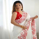 Thumbnail for Joban Fashion Silk Blend Off White & Red Saree